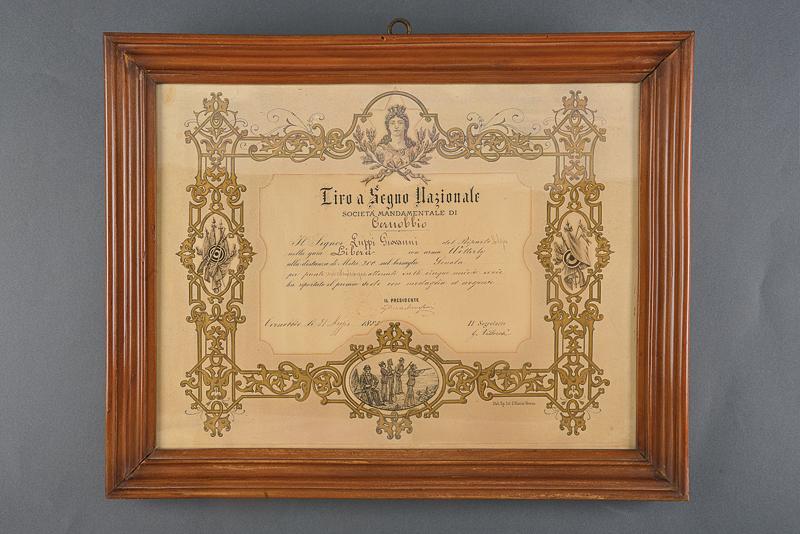 Documento per la medaglia in argento Tiro a Segno Nazionale