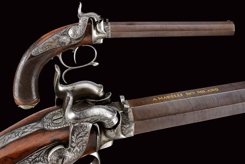 Rara pistola a luminello a due cariche sovrapposte di Marelli (1850 - 1860) 