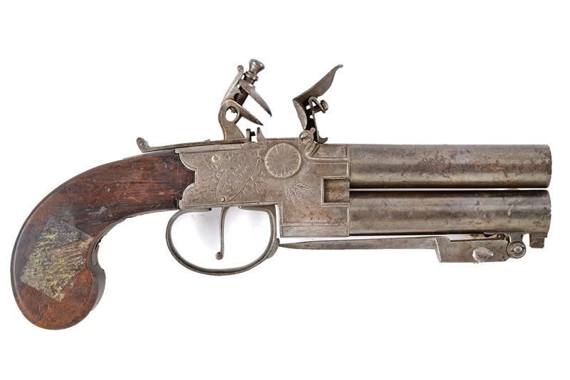 Pistola a pietra focaia a due canne sovrapposte con baionetta a scatto di Hewson
