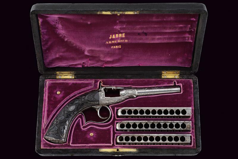 Rarissima pistola Jarre "ad armonica", secondo tipo, con cassetta originale e caricatori