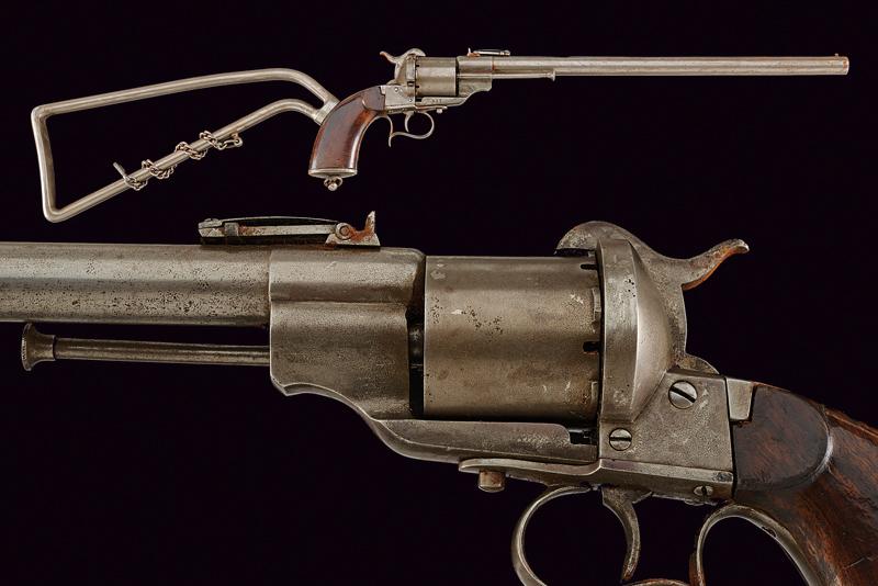 Raro revolver Lefaucheux a canna lunga e con calciolo