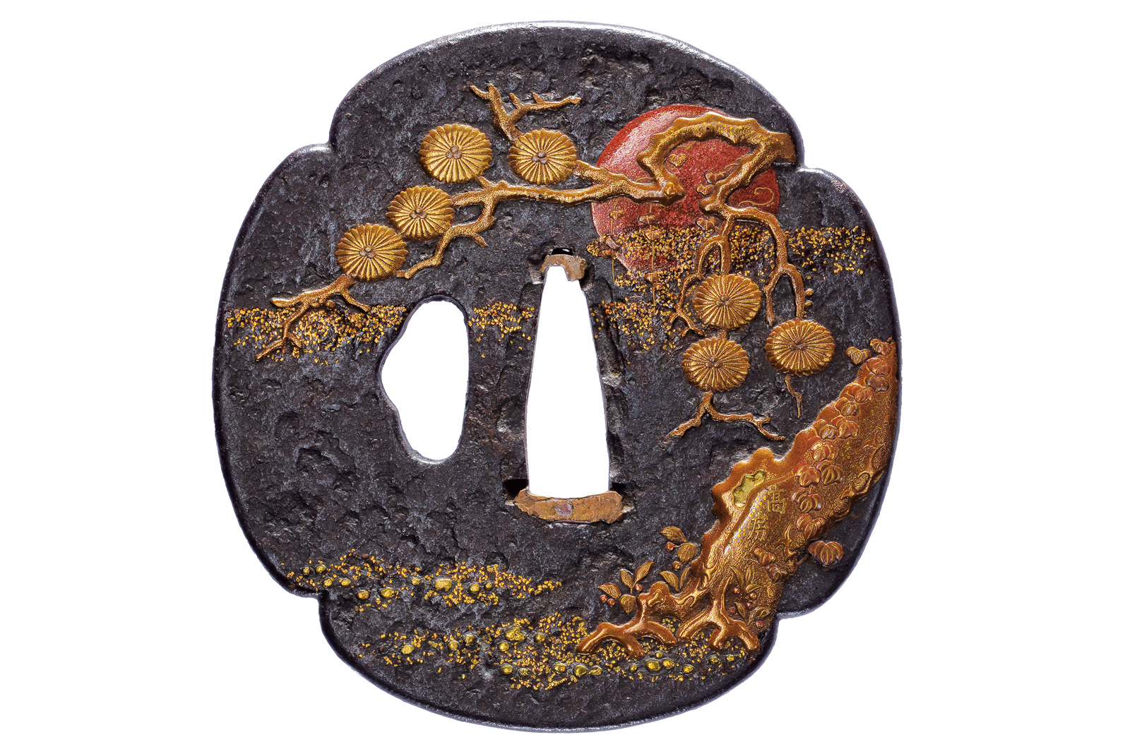 Bellissima tsuba firmata Takafusa sulla lacca