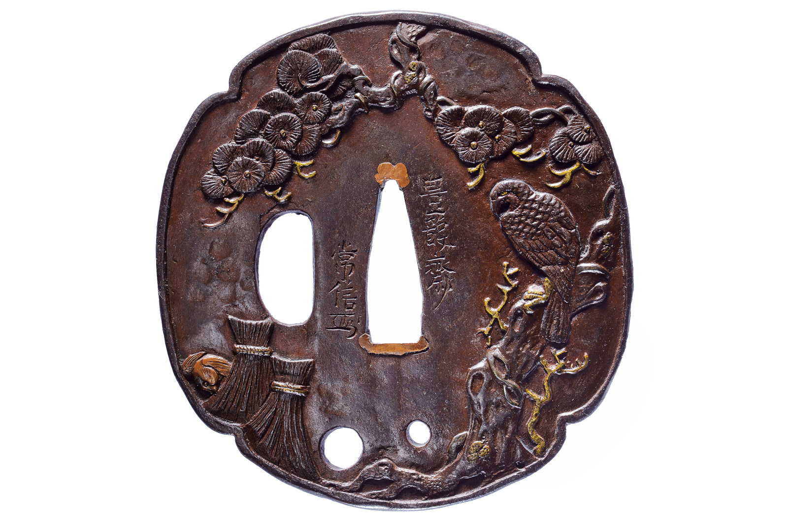 Tsuba firmata Horyusai Tsunenobu, con kao