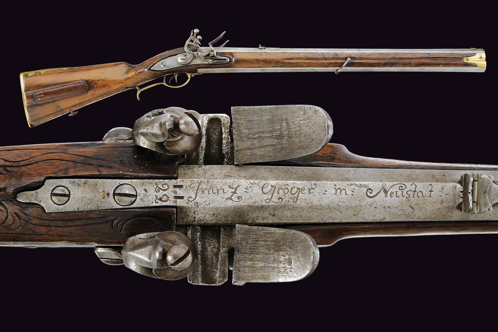 Raro Doppelstutzen Mod. 1768 a pietra focaia firmato Franz Gröger
