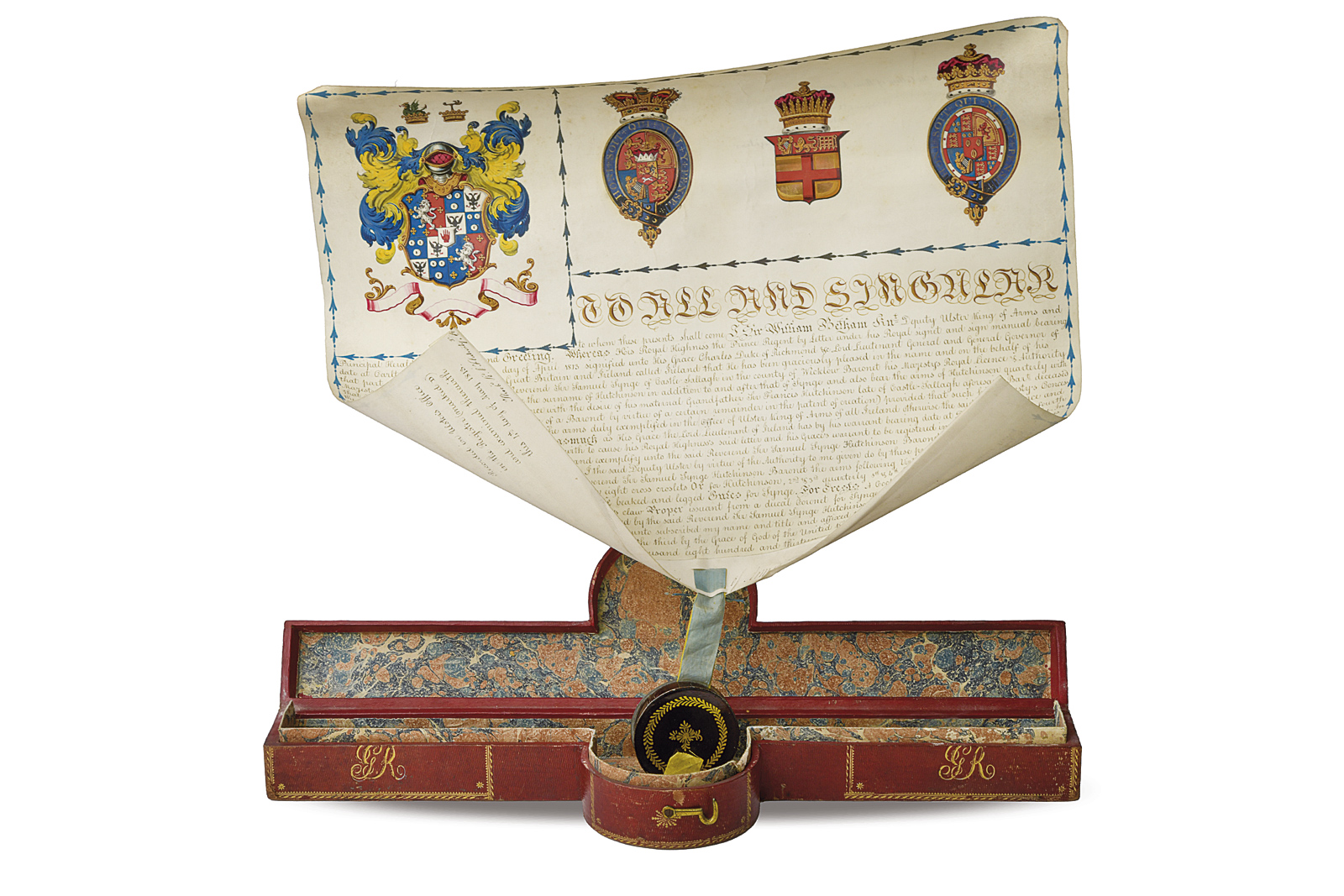 Splendida patente di concessione dello stemma familiare in astuccio originale