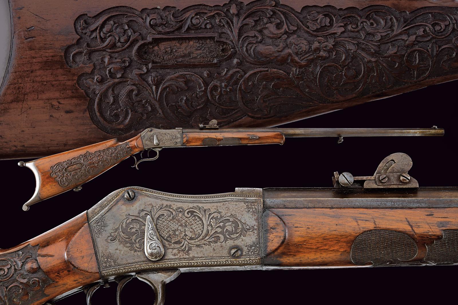 Elegante carabina da tiro del tipo Martini da presentazione con decori di pregio
