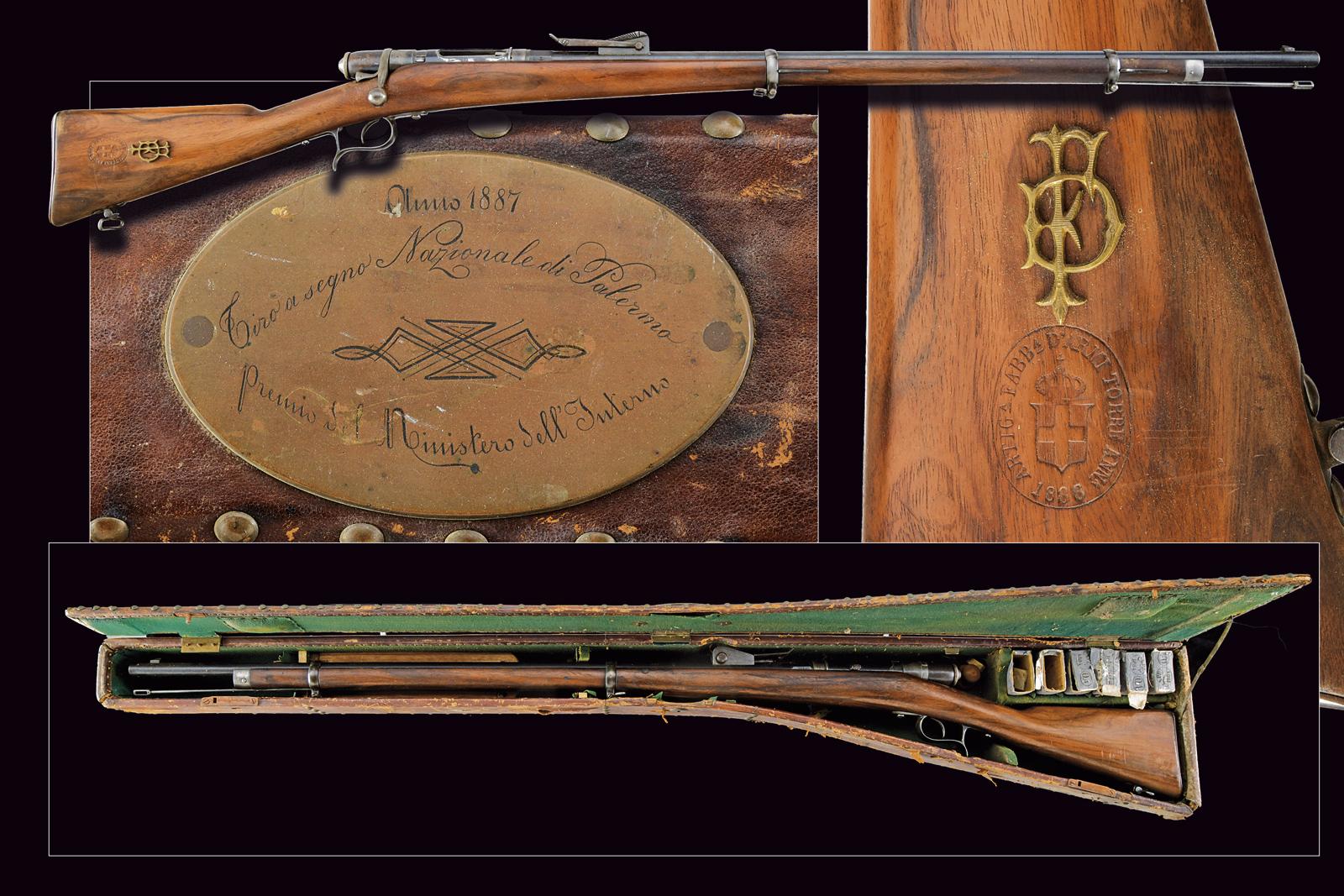 Raro fucile Vetterli Mod. 1870 da tiro al bersaglio, completo di cassetta, premio di Gara