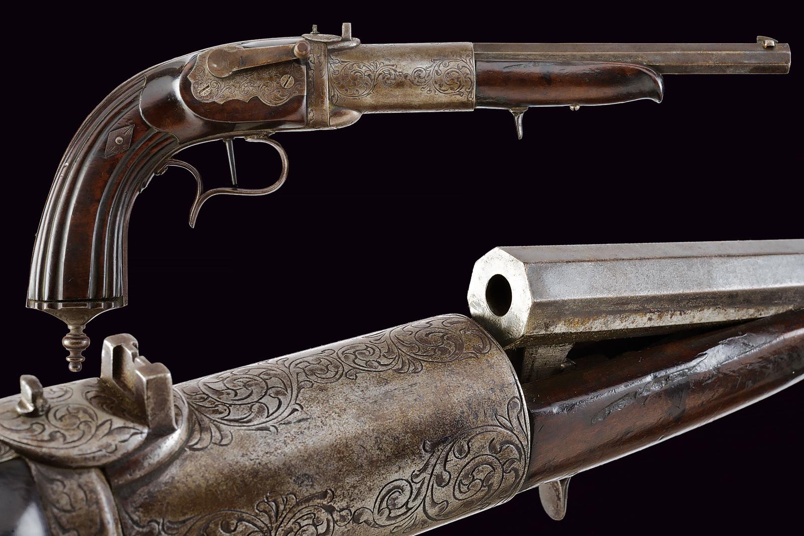 Rarissima pistola ad aria da sala, a stantuffo e molla con armamento a manovella