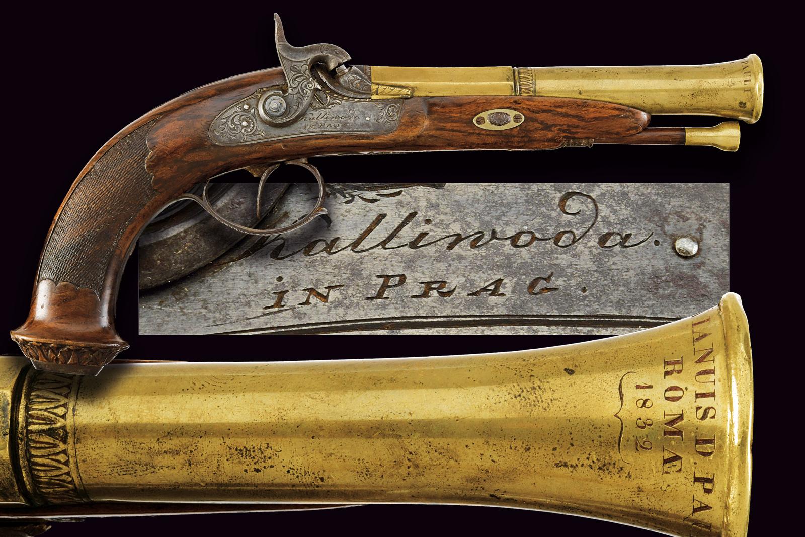 Pistola con canna in ottone a trombone a luminello di Kalliwoda