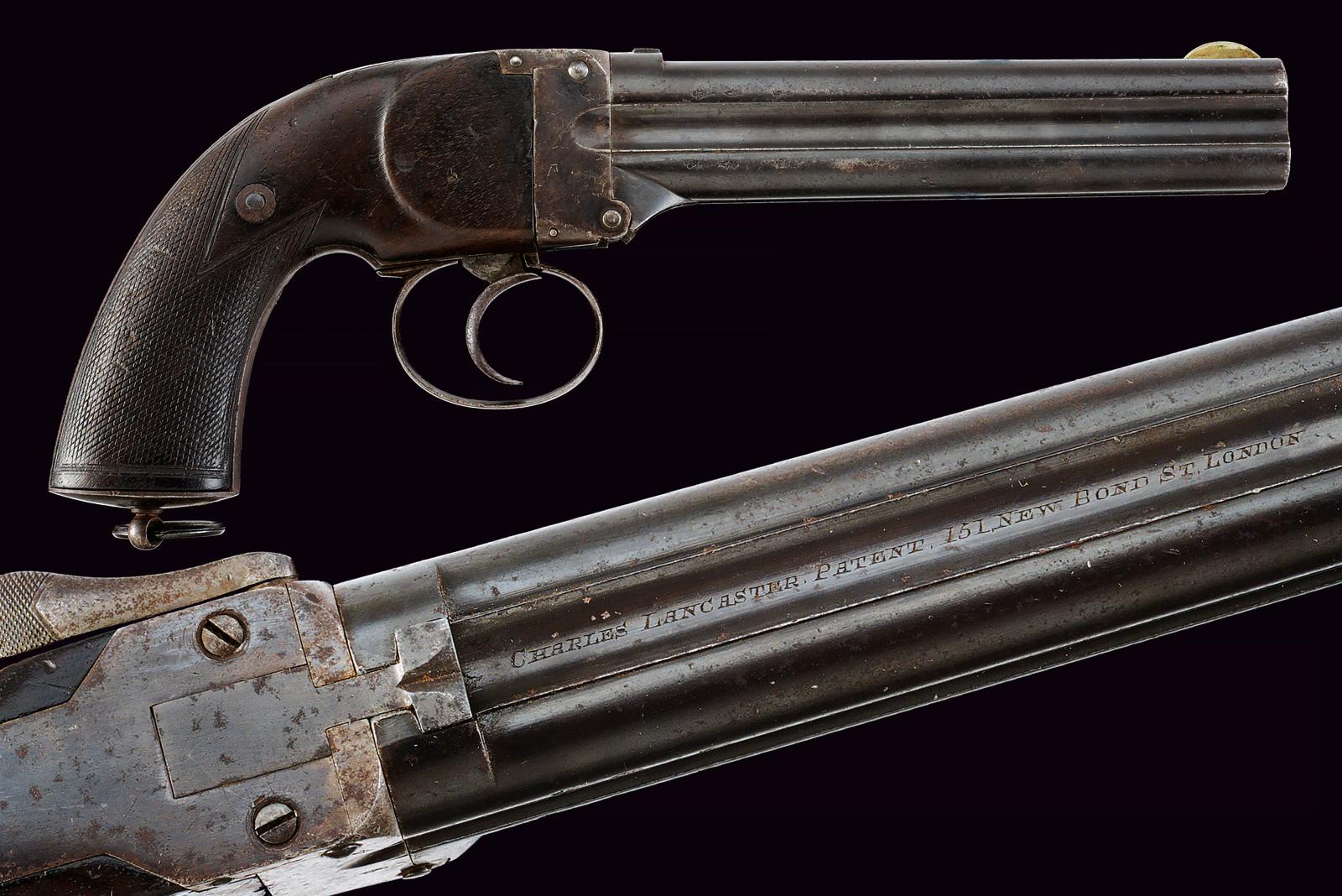 Rara pistola Lancaster a retrocarica a quattro canne 